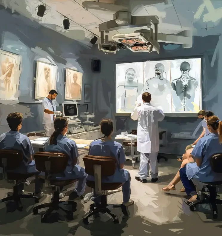 Medical students in a classroom observing an instructor explaining X-ray images on a large screen